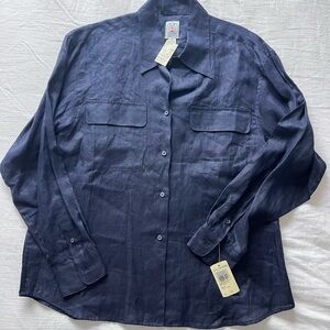 VTG 1980s J.G. Hook Navy Coastal Grandma Linen Button Down Sheer Preppy Blouse